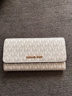 Michael Kors Beige Logo Continental Wallet with Gold Logo